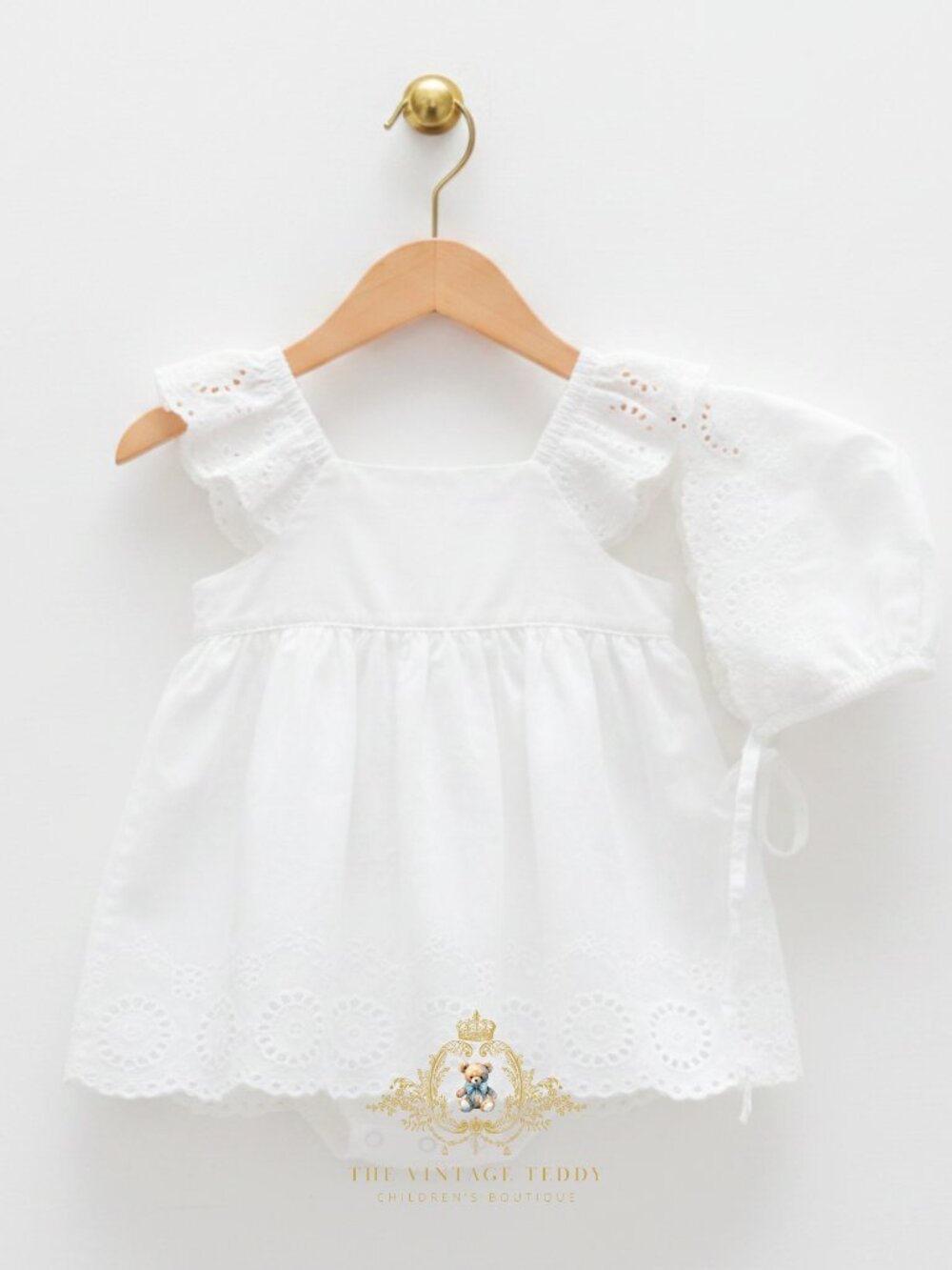 NWT Heavenly Girls Eyelet Lace Embroidery Dress Bloomer & Cap Summer White 18-24 - Picture 2 of 3
